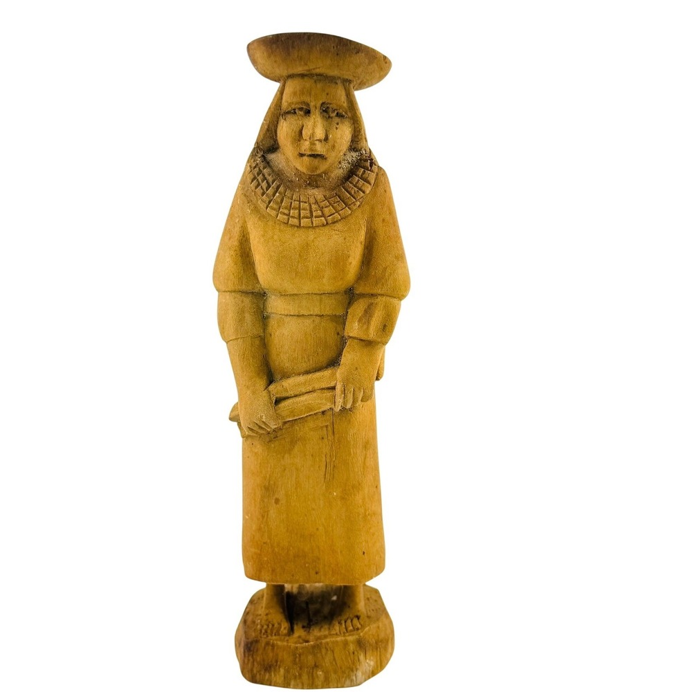 Vintage Hand Carved Wood Andean Peruvian Woman Folk Art Figurine 7" Repaired Hat